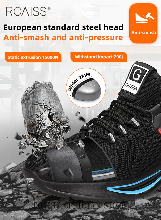 Men's European Standard Steel Toe Safety Shoes for Construction Site Work Fly Woven Anti Smash Anti Puncture Labor Protection Shoes Mens Non Slip Wear Resistant Breathable Sneakers