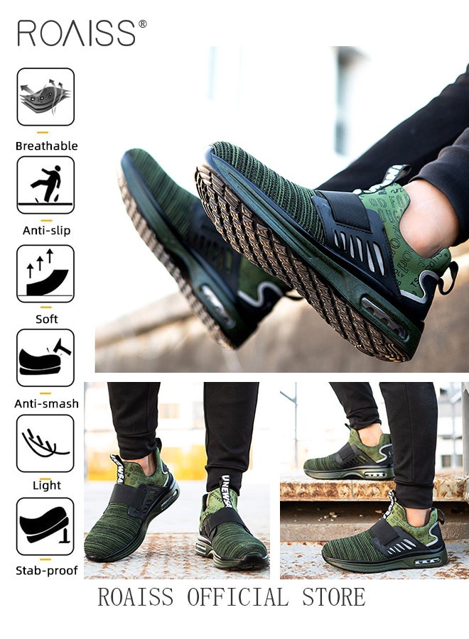 Safety Insulated Work Shoes for Men Fly Woven Steel Toe Labor Protection Shoes Comfortable Air Cushion Sole Sports Shoes Anti Smash Anti Collision Sneakers with Stylish Night Reflective Design