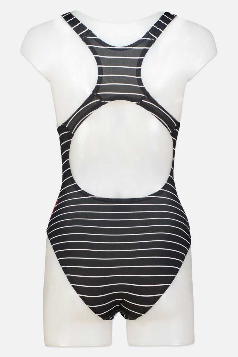 Women Printed Medalist One Piece, Black and White and Orange