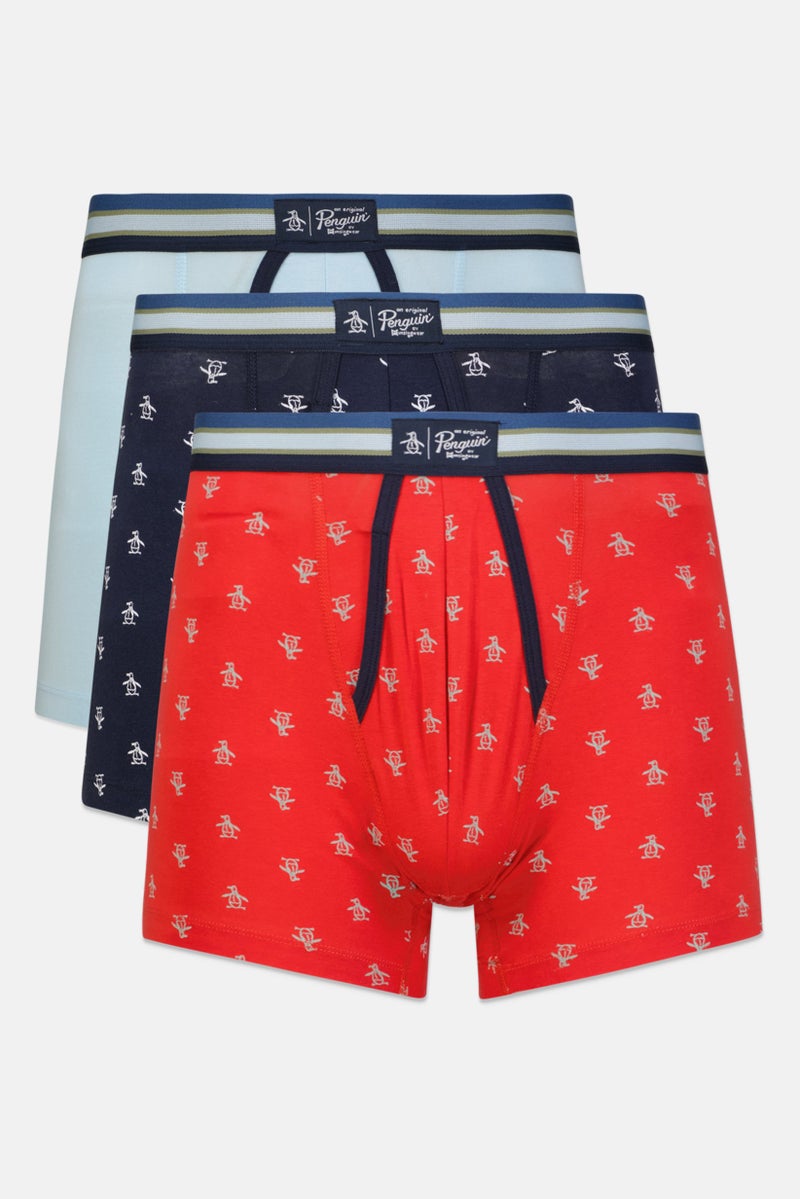 Men 3 Pc Allover Printed Boxer Briefs, Red/Navy Blue Combo