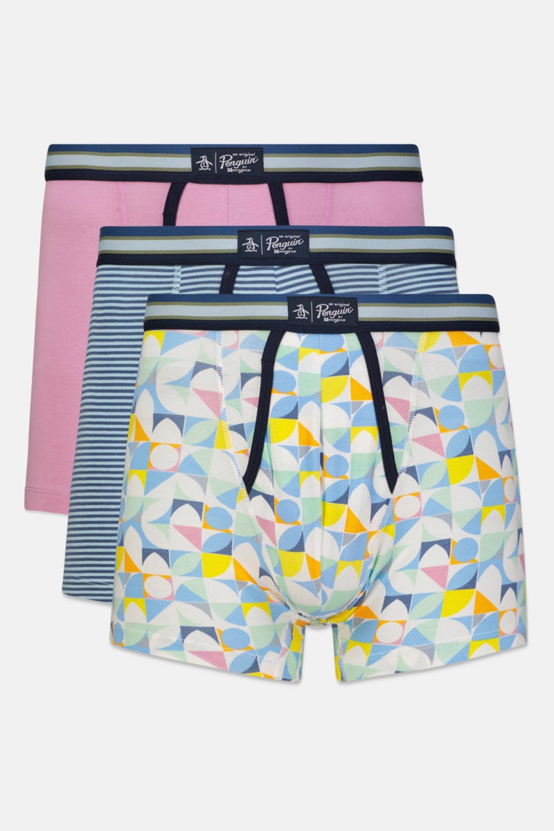 Men 3 Pc Allover Printed Boxer Briefs, White/Pink/Blue Combo