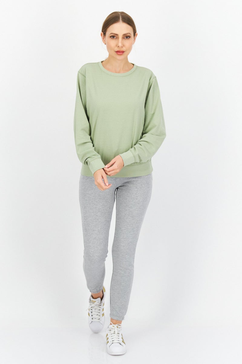 Women Crew Neck Long Sleeve Textured Sweatshirt, Sage