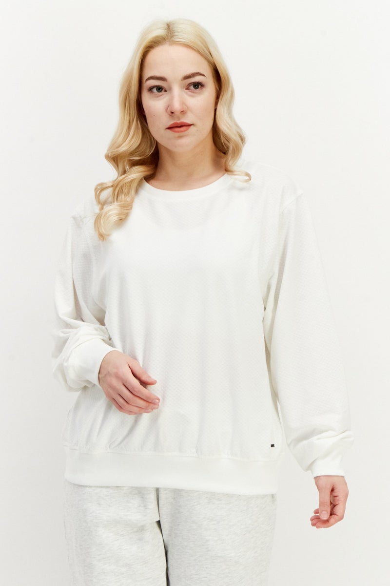 Women Crew Neck Long Sleeve Textured Sweatshirt, White