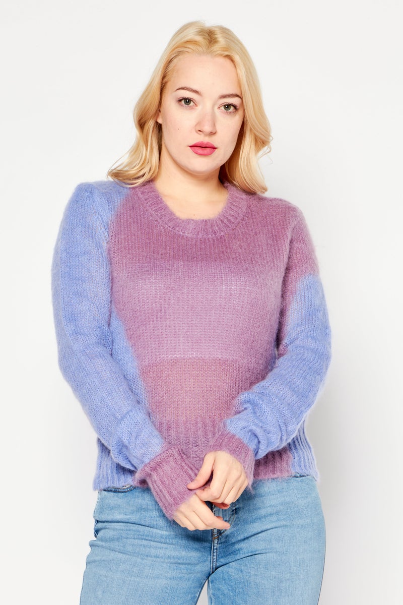 Women Crew Neck Long Sleeves Knitted Sweater, Purple