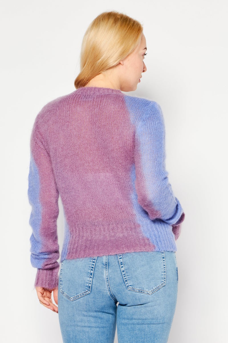 Women Crew Neck Long Sleeves Knitted Sweater, Purple