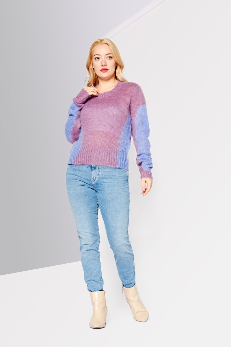 Women Crew Neck Long Sleeves Knitted Sweater, Purple