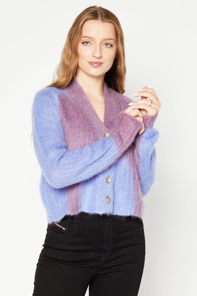 Women Split Neck Long Sleeve Mohair Cardigan, Purple