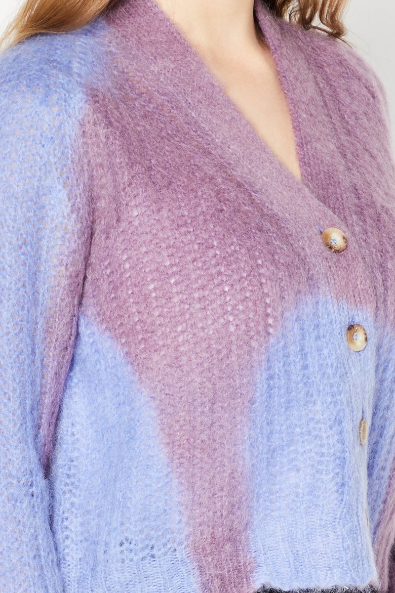 Women Split Neck Long Sleeve Mohair Cardigan, Purple