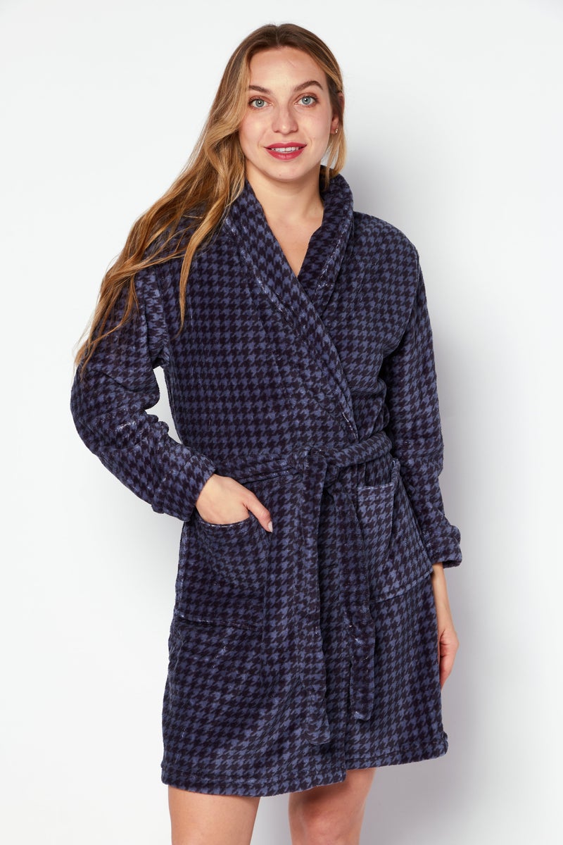 Women Fleece Textured Bathrobe, Black/Blue