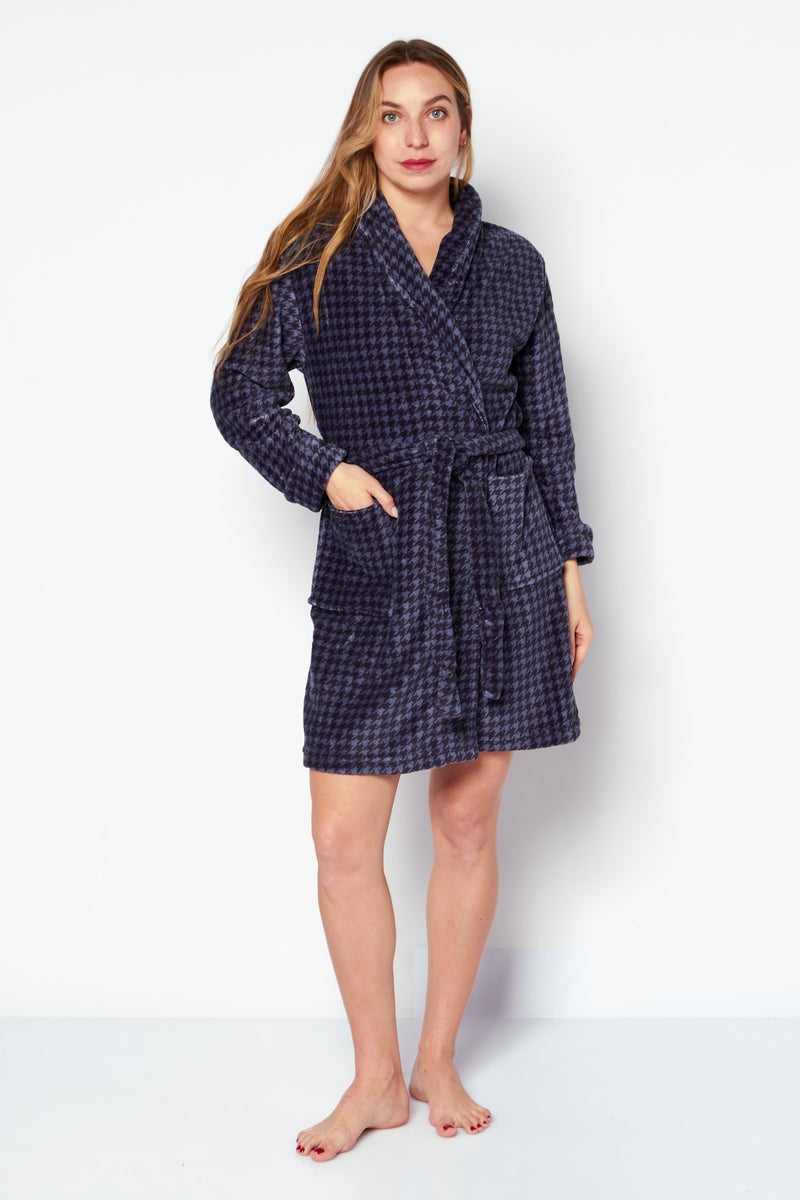 Women Fleece Textured Bathrobe, Black/Blue