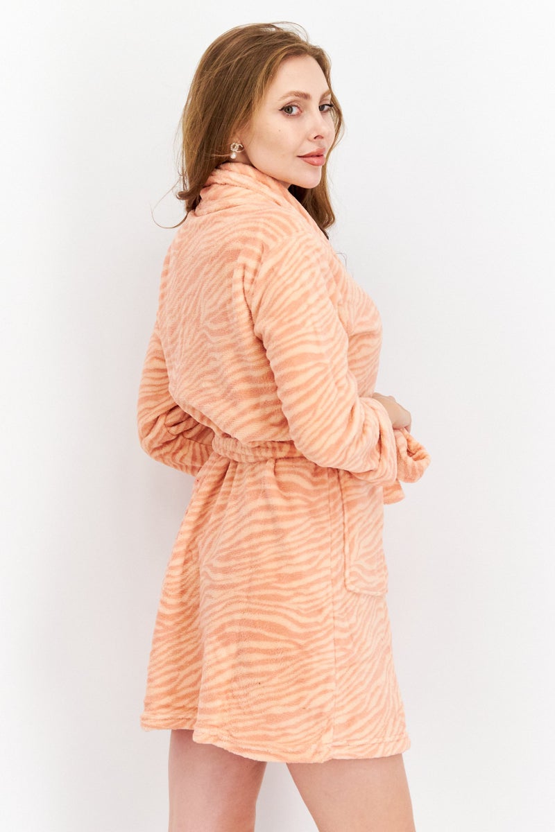 Women Split Neck Allover Print Robe, Coral