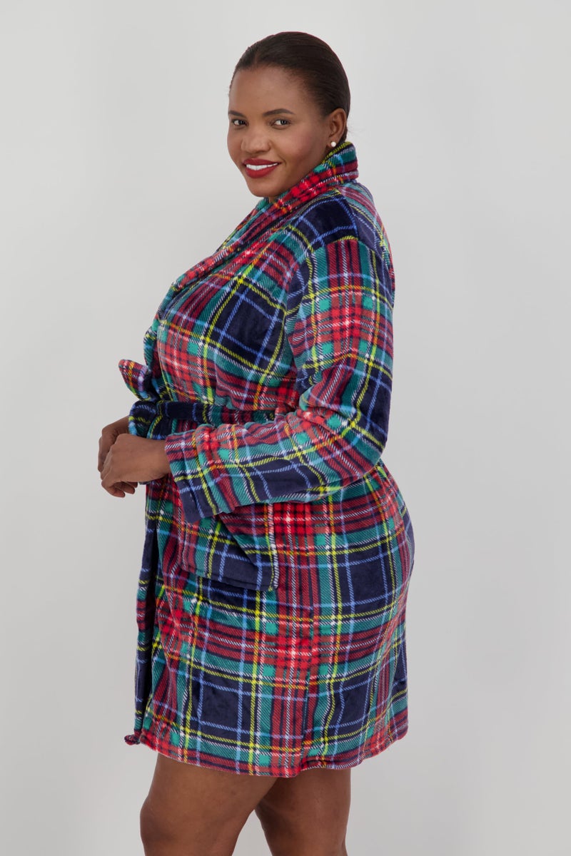 Women Plaid Long Sleeve Robe, Charcoal