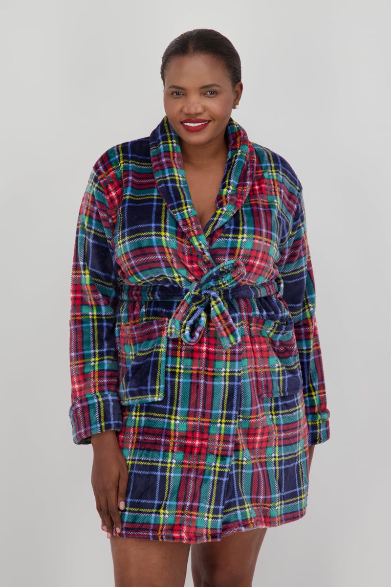 Women Plaid Long Sleeve Robe, Charcoal