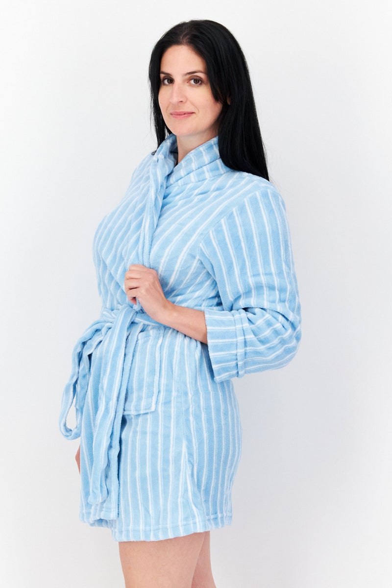 Women Stripe Belted Robes, Light Blue/White