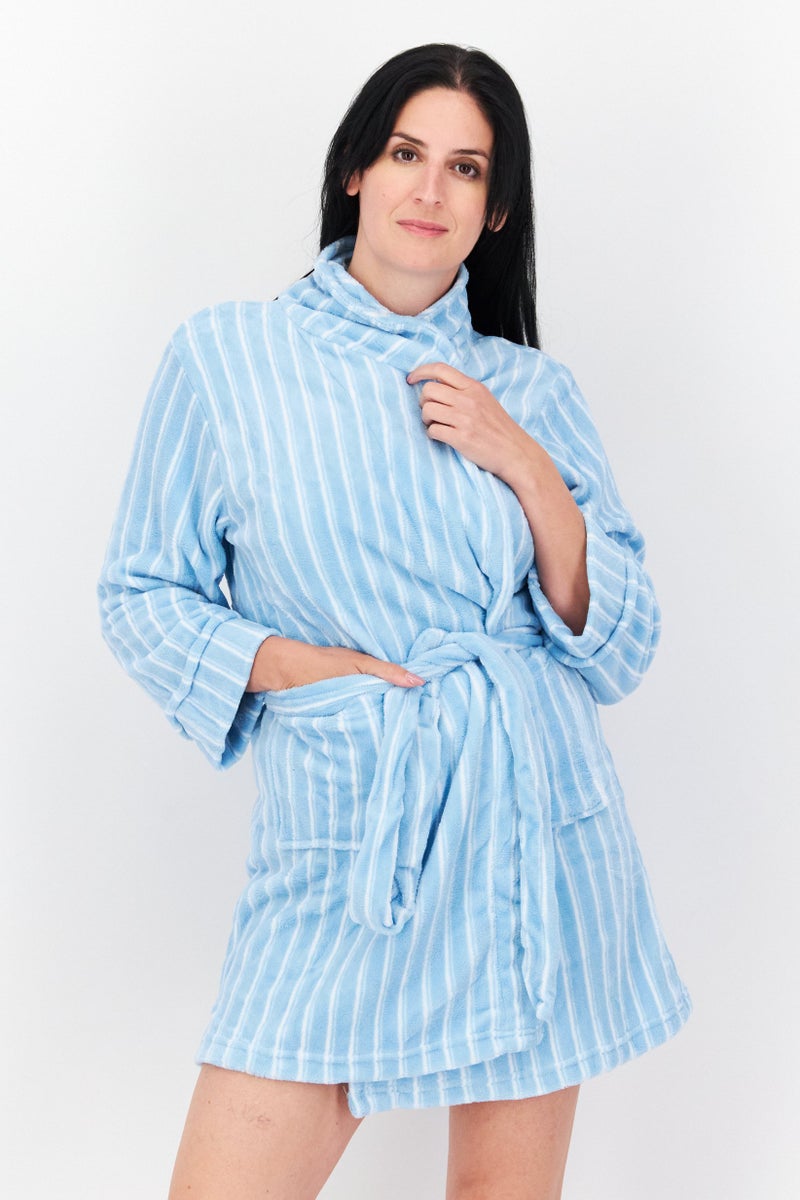 Women Stripe Belted Robes, Light Blue/White