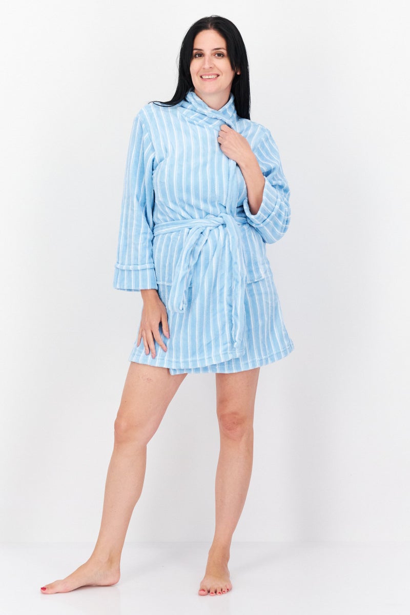 Women Stripe Belted Robes, Light Blue/White