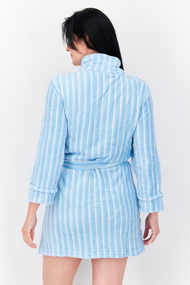 Women Stripe Belted Robes, Light Blue/White