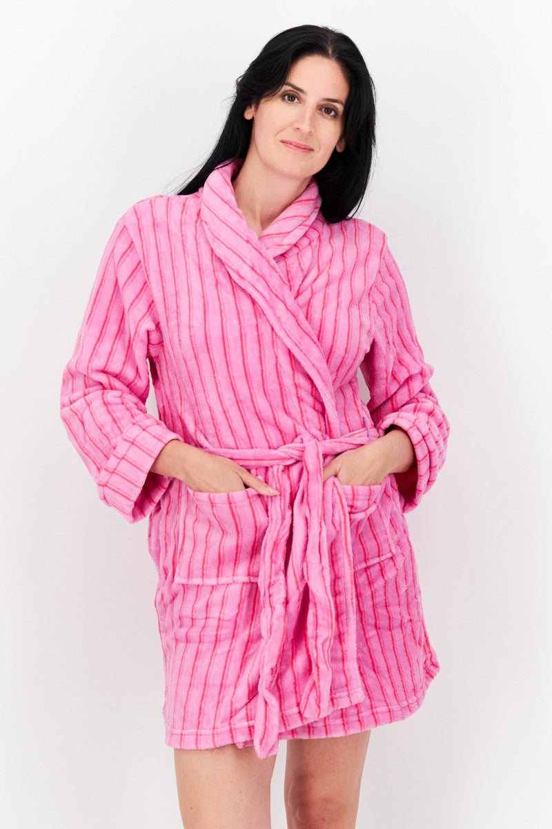 Women Stripe Belted Robes, Fuschia Combo