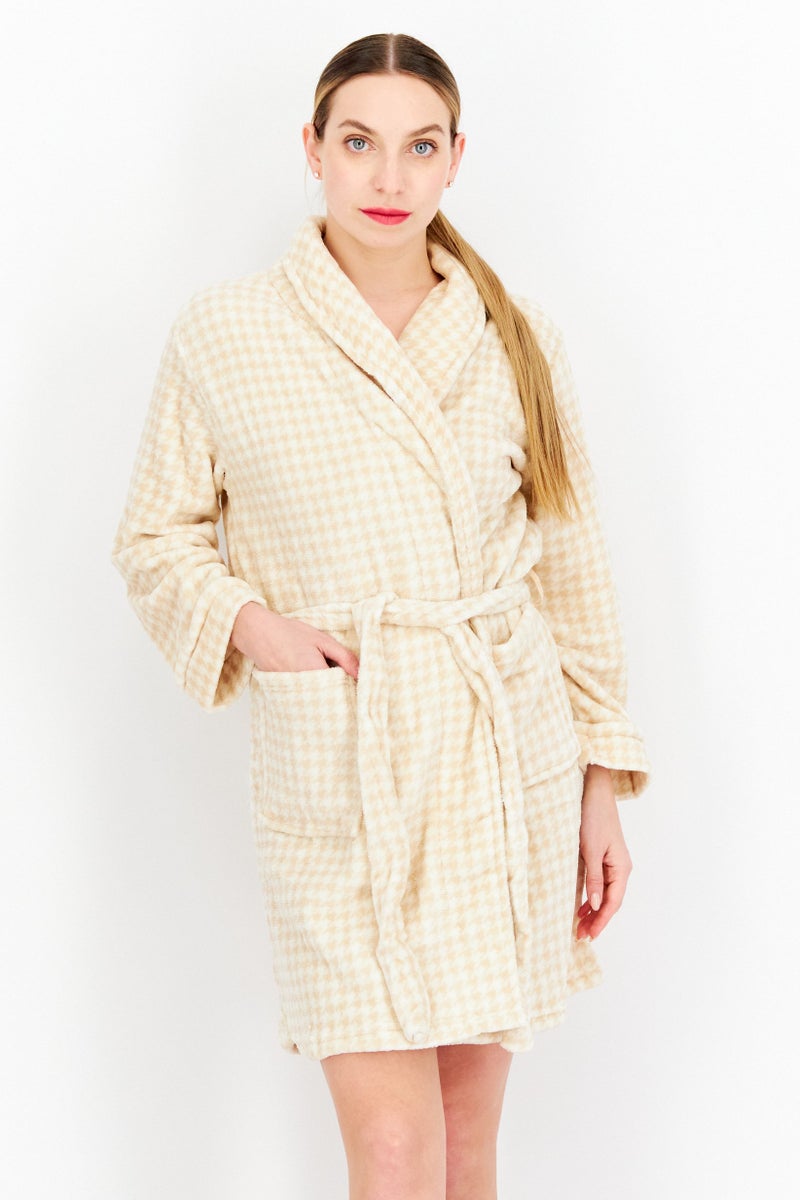 Women Houndstooth Print Robes, Cream Combo