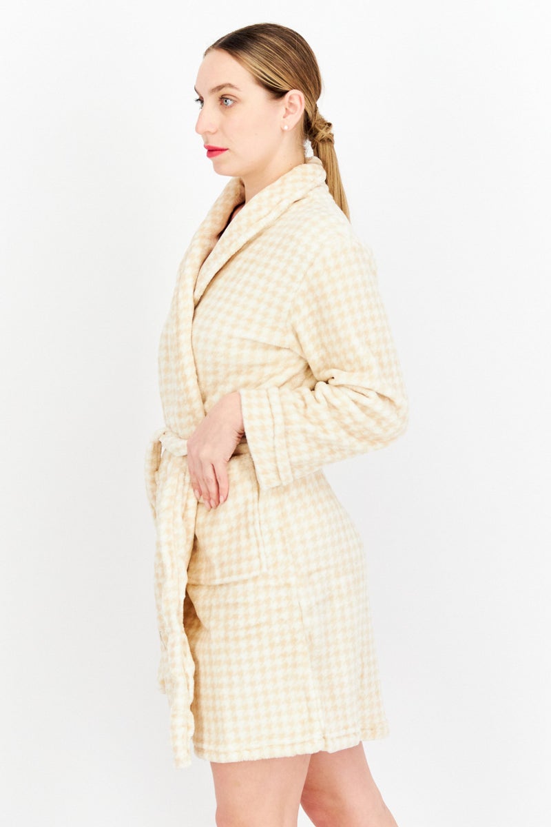 Women Houndstooth Print Robes, Cream Combo