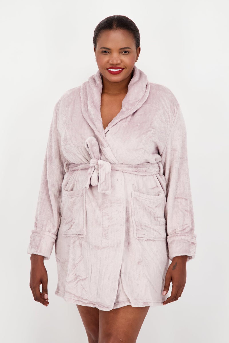 Women Knitted Belted Bath Robe, Light Purple