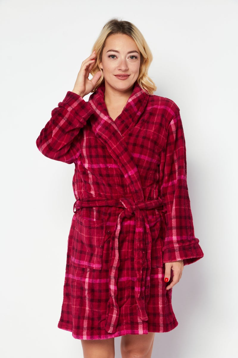 Women Plaid  Long Sleeve Robe, Pink