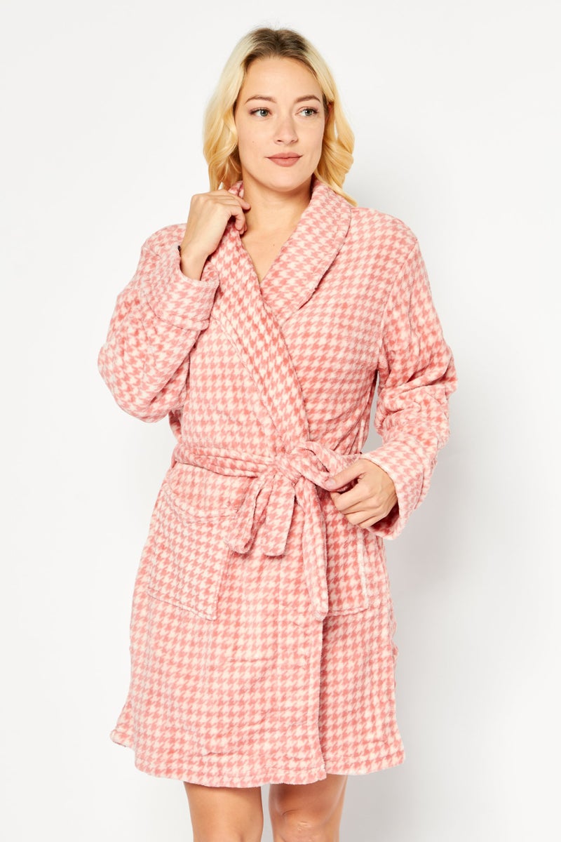 Women Belted Bath Robe, Pink Combo