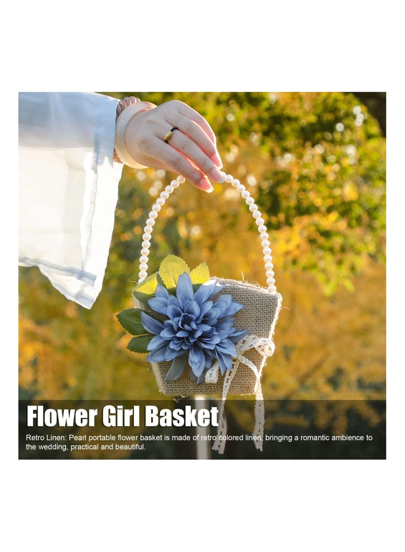 SYOSI 2 Pack Small Burlap Wedding Flower Girl Basket, Rustic Jute Flower Basket with Pearl Handle and Flower, Candy Gift Basket for Wedding Ceremony, (Blue, 22 x 14 x 10 cm/8.7 x 5.5 x 3.9 inch)