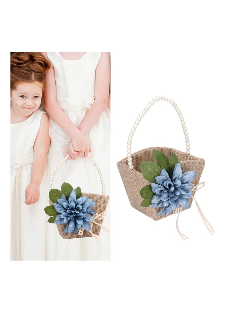 SYOSI 2 Pack Small Burlap Wedding Flower Girl Basket, Rustic Jute Flower Basket with Pearl Handle and Flower, Candy Gift Basket for Wedding Ceremony, (Blue, 22 x 14 x 10 cm/8.7 x 5.5 x 3.9 inch)