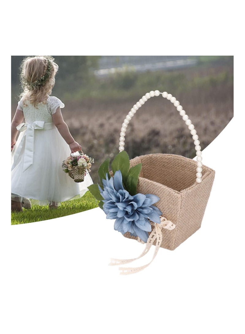 SYOSI 2 Pack Small Burlap Wedding Flower Girl Basket, Rustic Jute Flower Basket with Pearl Handle and Flower, Candy Gift Basket for Wedding Ceremony, (Blue, 22 x 14 x 10 cm/8.7 x 5.5 x 3.9 inch)