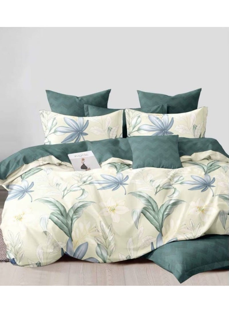 6-Piece Printed Combination King Size Duvet Cover Set  Includes 1xFitted Bedsheet 200x200+30cm, 1xDuvet Cover 220x240 cm, 2xPillowcase 55x80cm, 2xCushion Case 45x70cm Cotton