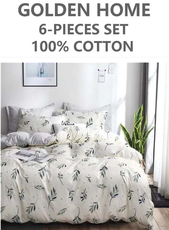 6-Piece Printed Combination King Size Duvet Cover Set  Includes 1xFitted Bedsheet 200x200+30cm, 1xDuvet Cover 220x240 cm, 2xPillowcase 55x80cm, 2xCushion Case 45x70cm Cotton