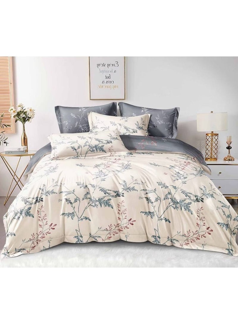 6-Piece Printed Combination King Size Duvet Cover Set  Includes 1xFitted Bedsheet 200x200+30cm, 1xDuvet Cover 220x240 cm, 2xPillowcase 55x80cm, 2xCushion Case 45x70cm Cotton