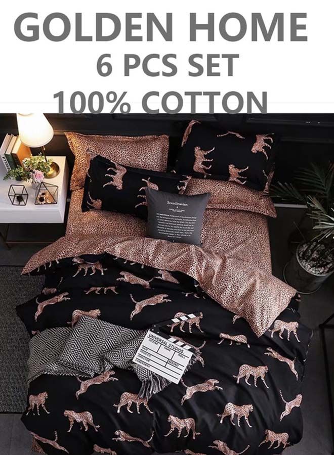 6-Piece Printed Combination King Size Duvet Cover Set  Includes 1xFitted Bedsheet 200x200+30cm, 1xDuvet Cover 220x240 cm, 2xPillowcase 55x80cm, 2xCushion Case 45x70cm Cotton