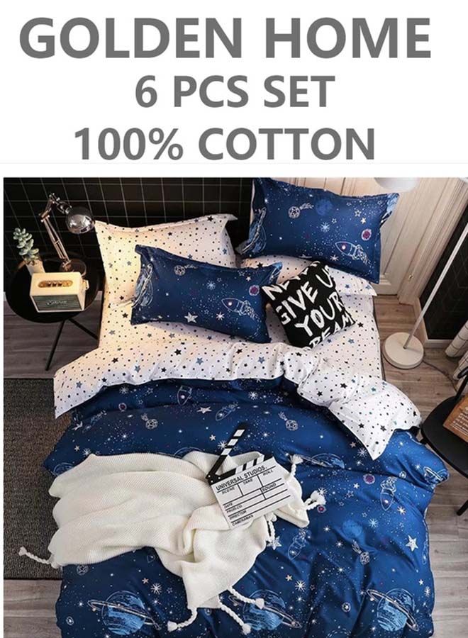 6-Piece Printed Combination King Size Duvet Cover Set  Includes 1xFitted Bedsheet 200x200+30cm, 1xDuvet Cover 220x240 cm, 2xPillowcase 55x80cm, 2xCushion Case 45x70cm Cotton