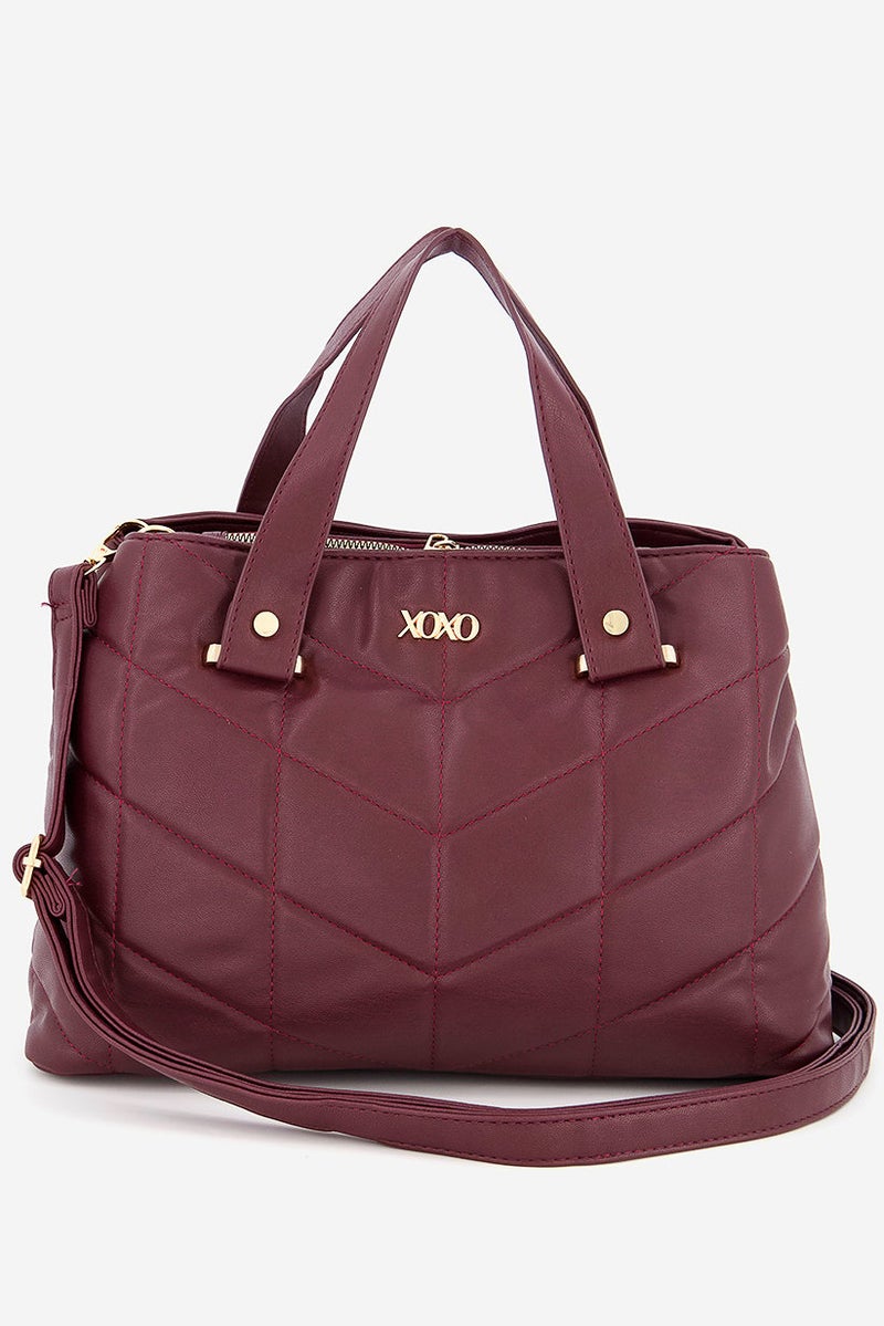 Women Leather Satchel Bag 22 H x 33 L x 12 W cm, Burgundy