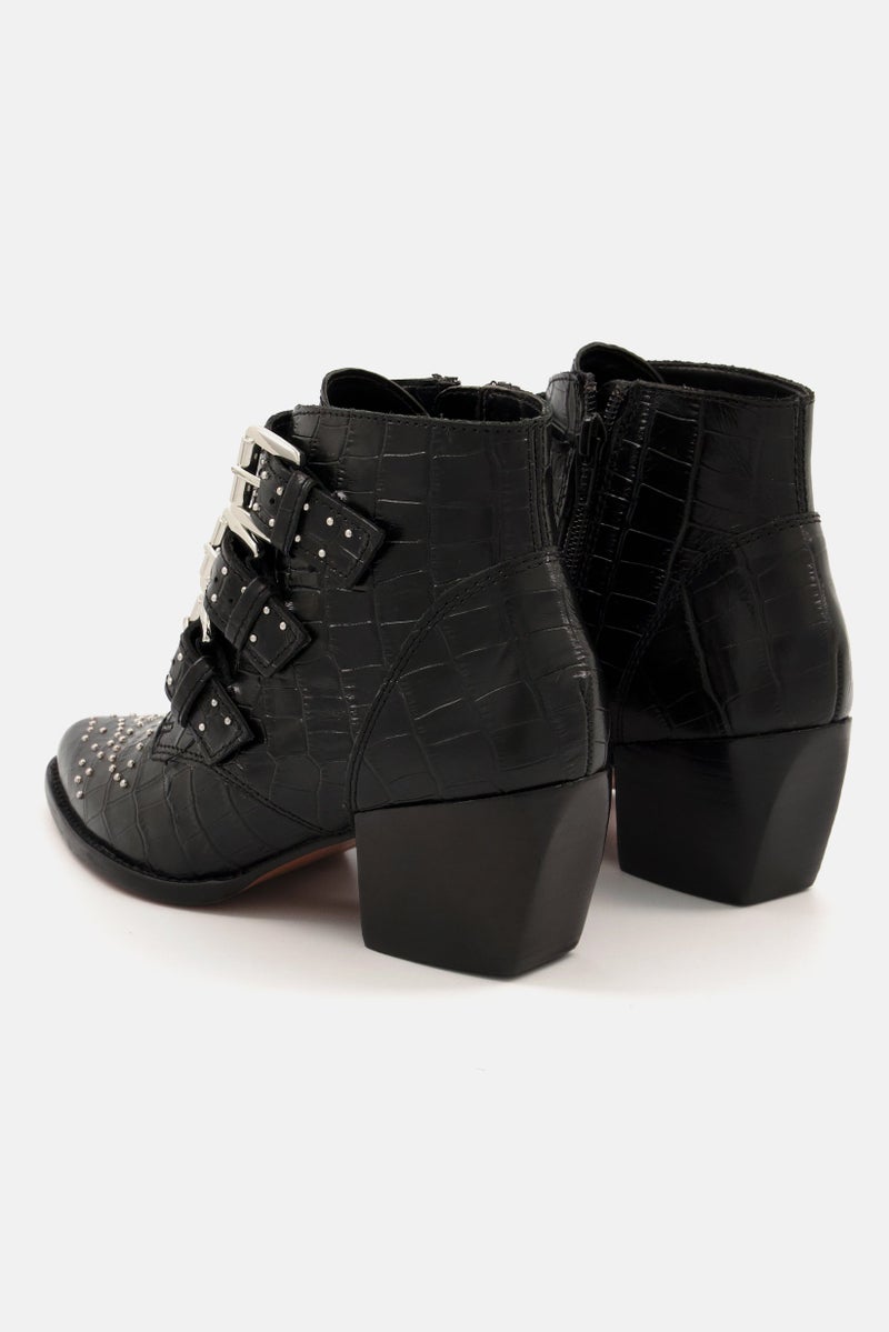 Women Bennevis Buckle Leather Ankle Boots, Black