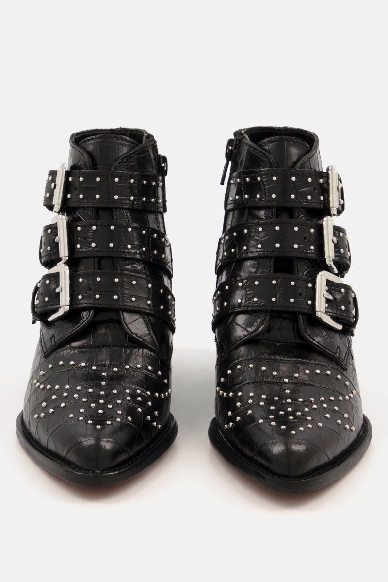 Women Bennevis Buckle Leather Ankle Boots, Black