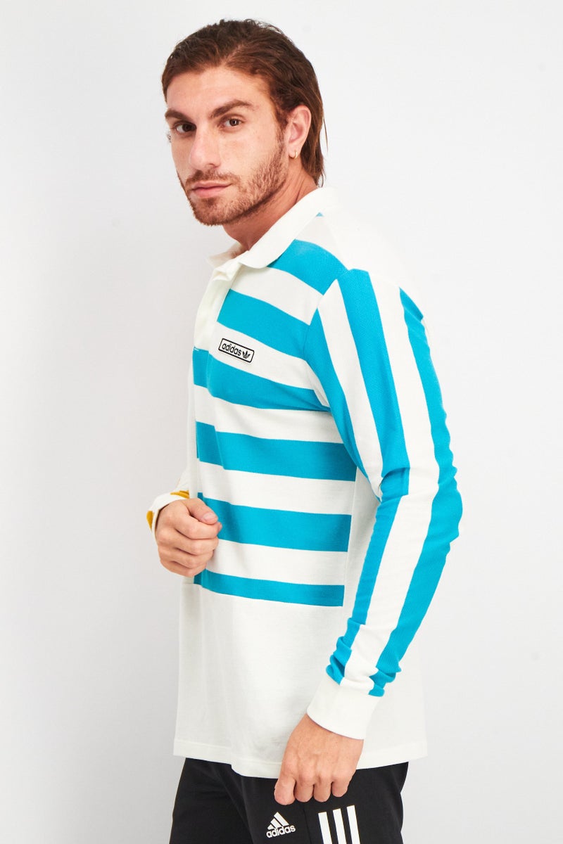 Men Sportswear Fit Long Sleeves Stripe Polo Shirt, White Combo