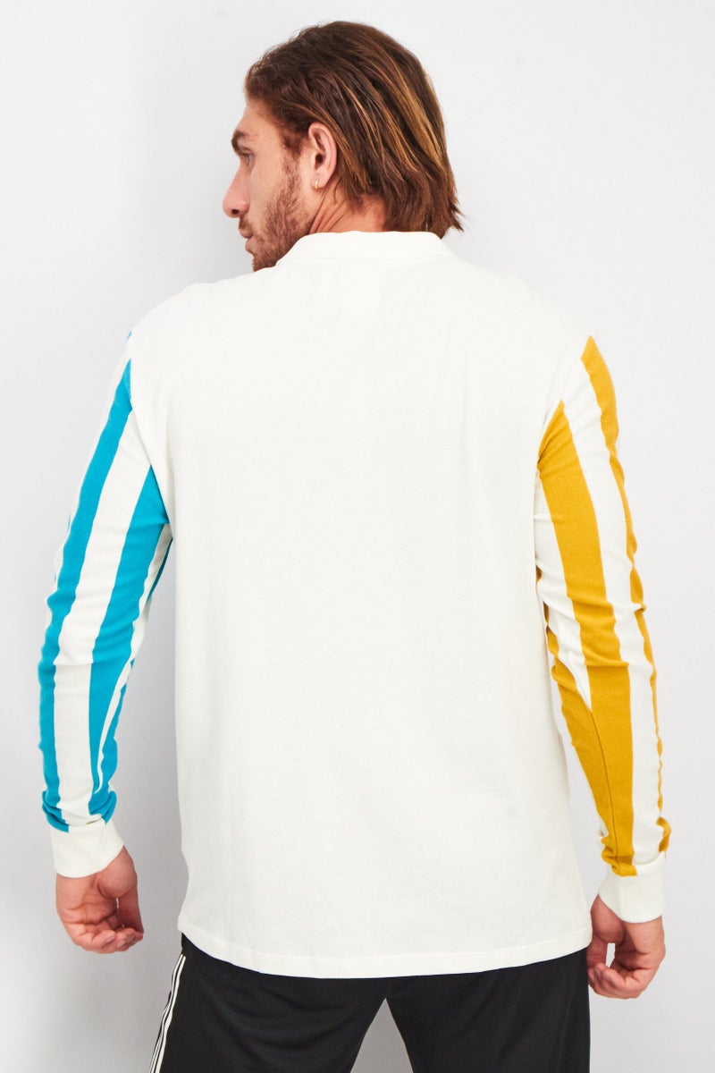 Men Sportswear Fit Long Sleeves Stripe Polo Shirt, White Combo