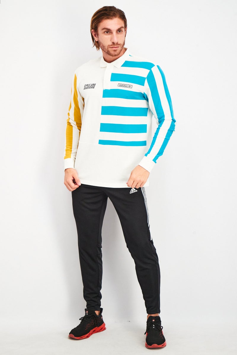 Men Sportswear Fit Long Sleeves Stripe Polo Shirt, White Combo