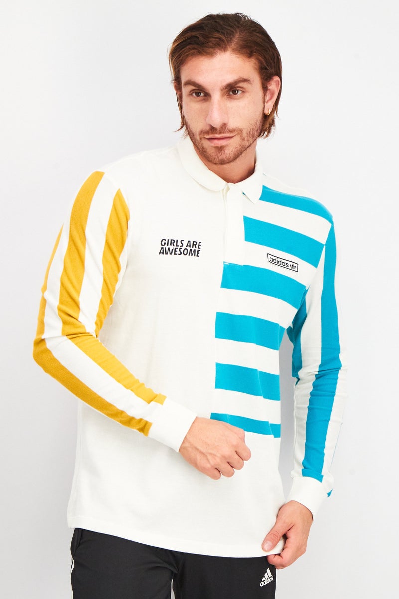 Men Sportswear Fit Long Sleeves Stripe Polo Shirt, White Combo