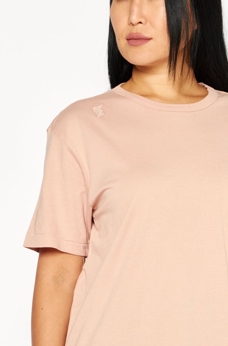 Women Crew Neck Short Sleeve Embroidered T-Shirt, Peach