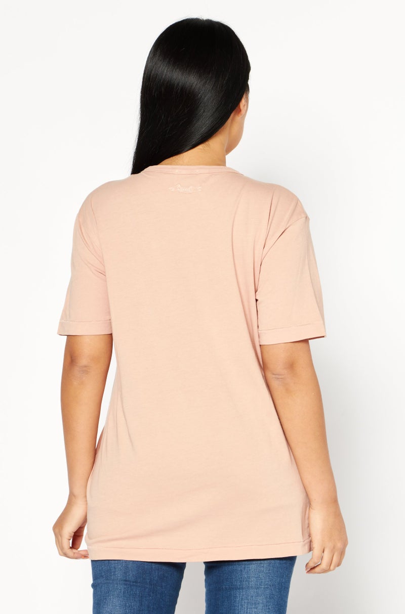 Women Crew Neck Short Sleeve Embroidered T-Shirt, Peach