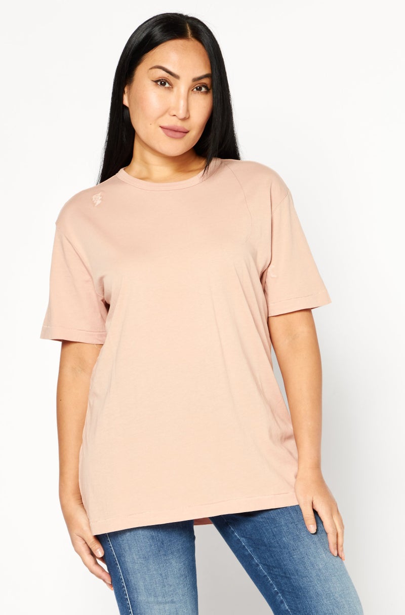 Women Crew Neck Short Sleeve Embroidered T-Shirt, Peach