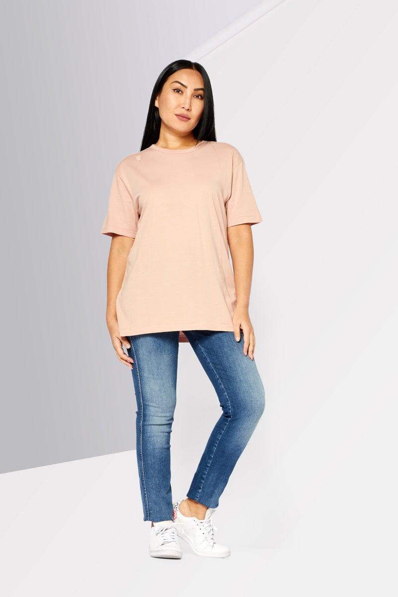 Women Crew Neck Short Sleeve Embroidered T-Shirt, Peach