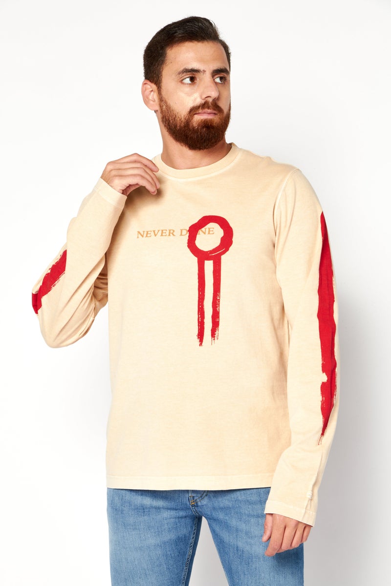 Men Crew Neck Long Sleeves Graphic Print T-Shirt, Beige