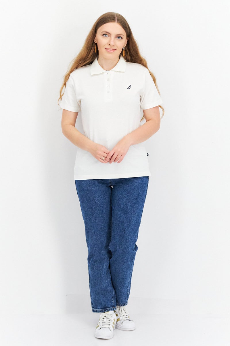 Women Regular Fit Embroidered Logo Short Sleeve Polo Shirts, White