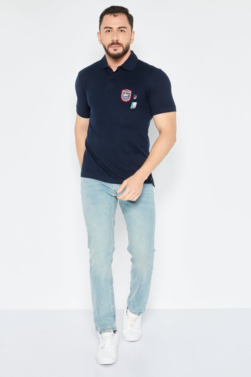 Men Regular Fit Brand Logo Short Sleeve Polo Shirts, Navy