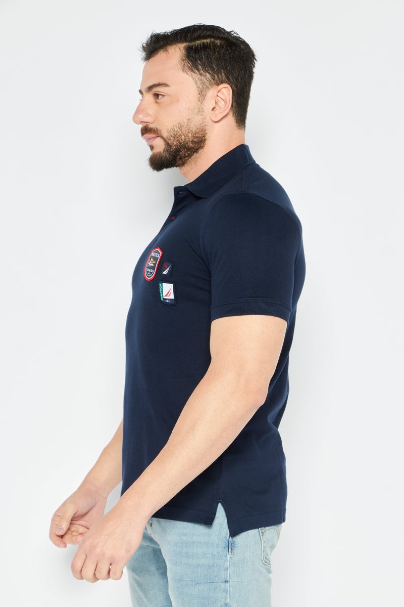 Men Regular Fit Brand Logo Short Sleeve Polo Shirts, Navy